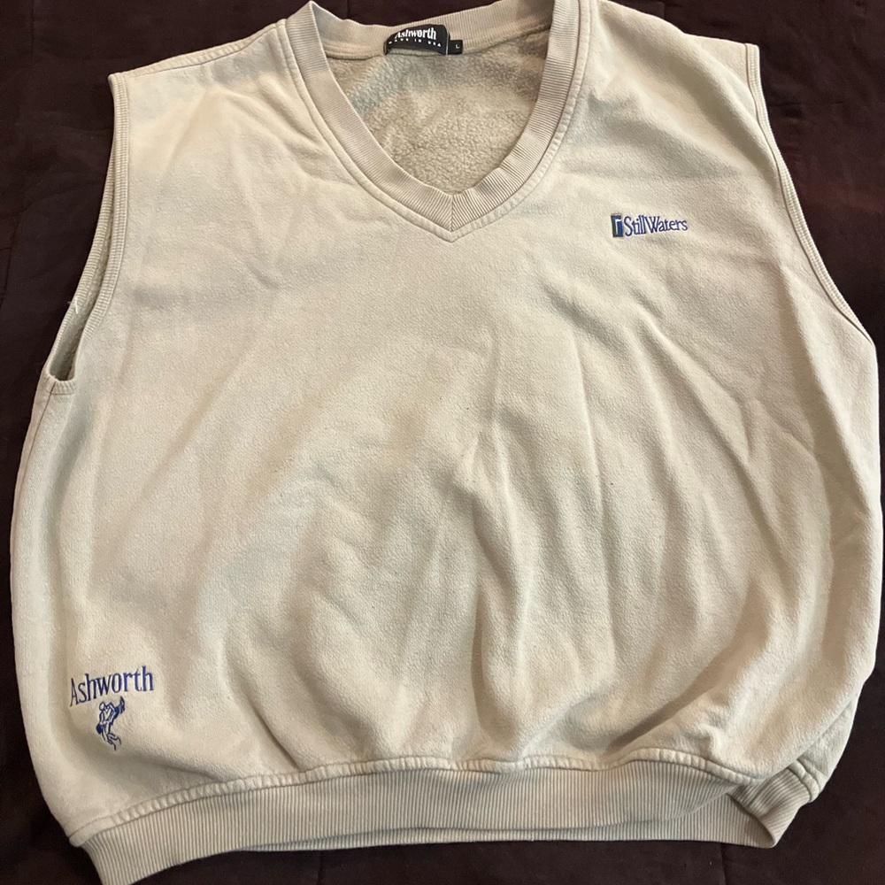 Ashworth Beige Sweater Vest w/ Navy Embroidery (Still Waters logo). Warm lining.